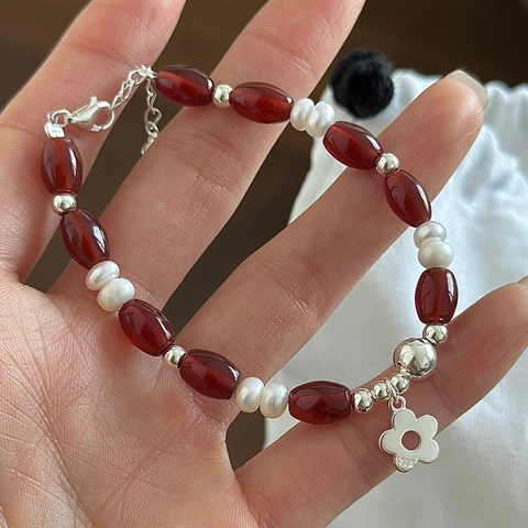 925 Sterling Silver Beaded Bracelet For Women Red Agate Artificial Pearl Flower Pendant Vintage Korean Style Hand Jewelry