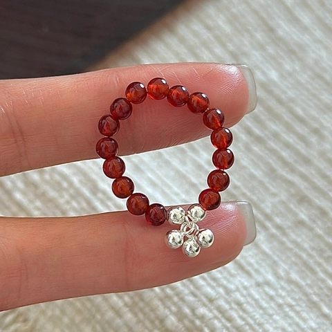 Anello di Perline in Agata Rossa in Argento Sterling S925 per Donna Design Coreano Retrò Anello Aperto Regolabile Gioielli