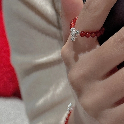Anello di Perline in Agata Rossa in Argento Sterling S925 per Donna Design Coreano Retrò Anello Aperto Regolabile Gioielli