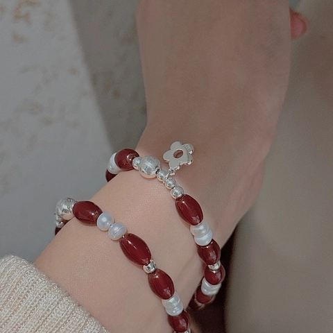925 Sterling Silver Beaded Bracelet For Women Red Agate Artificial Pearl Flower Pendant Vintage Korean Style Hand Jewelry
