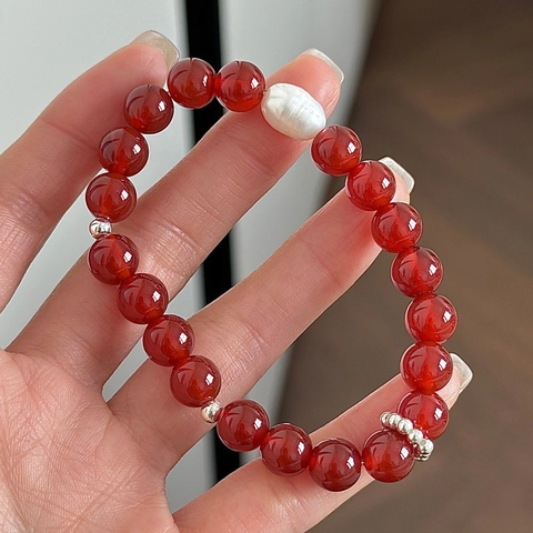Pulsera de Cuentas de Ágata Roja de Plata de Ley 925 para Mujer Minimalista Perla Artificial Barroca Joyería Regalo