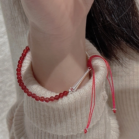Pulsera de Cuentas de Ágata Roja de Plata de Ley 925 para Mujer Minimalista Ajustable Estilo Coreano Joyería Retro Hecha a Mano Regalo