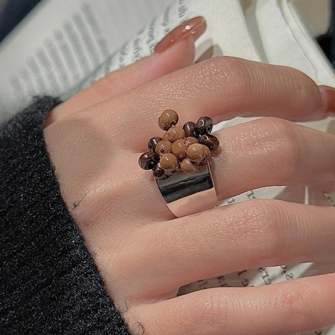 Anillo Abierto de Plata de Ley 925 para Mujer Vintage Minimalista Ajustable Cuentas de Perlas Artificiales Joyería de Moda