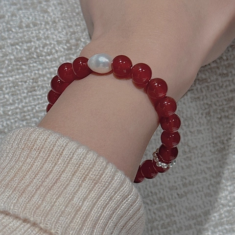Pulsera de Cuentas de Ágata Roja de Plata de Ley 925 para Mujer Minimalista Perla Artificial Barroca Joyería Regalo