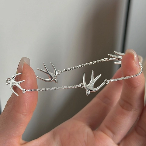 Bracciale Minimalista in Argento Sterling 925 con Ciondoli a Rondine Elegante Catena a Box Stile Coreano per Donna