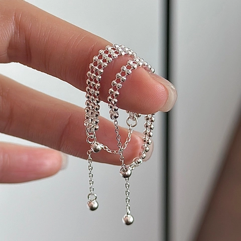 S925 Sterling Silver Beaded Chain Ring For Women Vintage Minimalist Adjustable Open Ring With Ball Tassel Dainty Jewelry