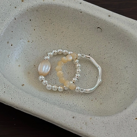 S925 Sterling Silver Beaded Ring For Women Minimalist Adjustable Elastic Ring With Artificial Pearl Vintage Jewelry