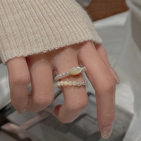 S925 Sterling Silver Beaded Ring For Women Minimalist Adjustable Elastic Ring With Artificial Pearl Vintage Jewelry