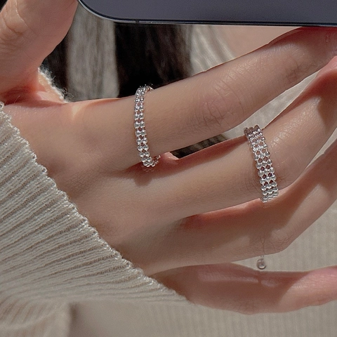 S925 Sterling Silver Beaded Chain Ring For Women Vintage Minimalist Adjustable Open Ring With Ball Tassel Dainty Jewelry
