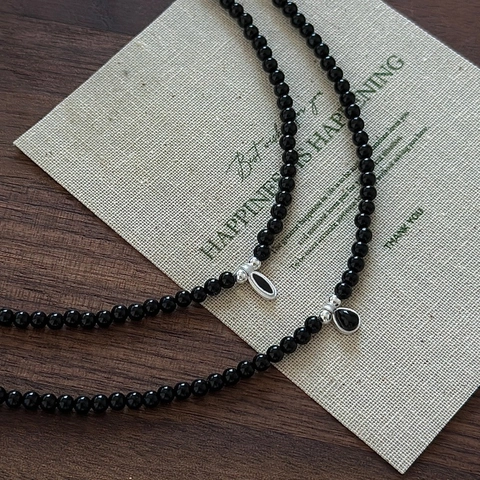 925 Sterling Silver Vintage Black Beaded Necklace Teardrop Oval Pendant Clavicle Chain Korean Style Personalized Women Jewelry