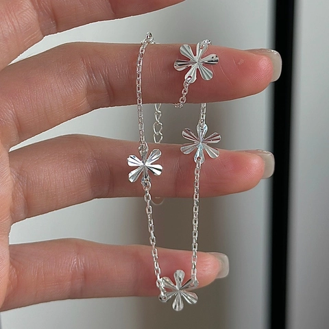 Bracelet Flocon de Neige en Argent Sterling S925 pour Femme Minimaliste Pendentif Fleur Ajourée Chaîne Réglable Bijoux Coréens