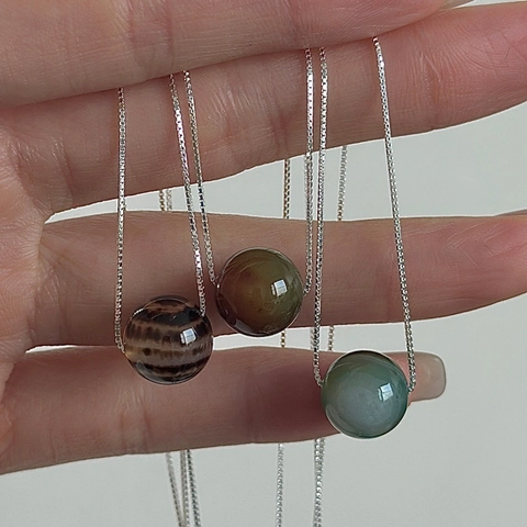 Vintage S925 Sterling Silver Beaded Necklace For Women Korean Minimalist Agate Stone Ball Pendant Choker Jewelry Fashion Daily Accessories