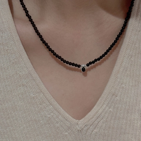 925 Sterling Silver Vintage Black Beaded Necklace Teardrop Oval Pendant Clavicle Chain Korean Style Personalized Women Jewelry