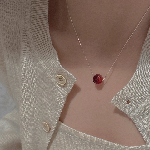 S925 Plata de Ley Minimalista Collar con Colgante de Cuenta Roja para Mujer Retro Estilo Coreano Moda Cadena de Clavícula Joyería Regalo