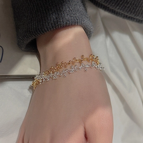 Braccialetto di Perline in Argento Sterling S925 per Donna Vintage Minimalista Placcato Oro Argento Catena Regolabile Gioielli