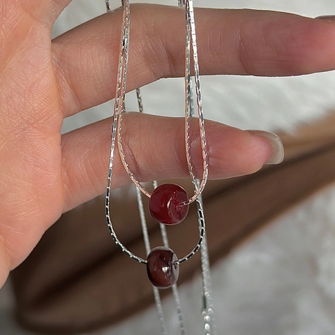 925 Sterling Silver Red Bead Necklace Minimalist Bamboo Joint Chain Pendant Necklace For Women Elegant Korean Style Jewelry