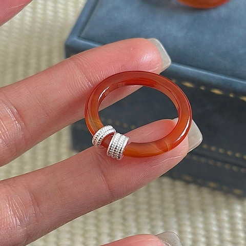 Retro 925 Sterling Silver Ring With Red Agate Inlay Korean Minimalist Design Gemstone Finger Ring For Women Fashion Jewelry