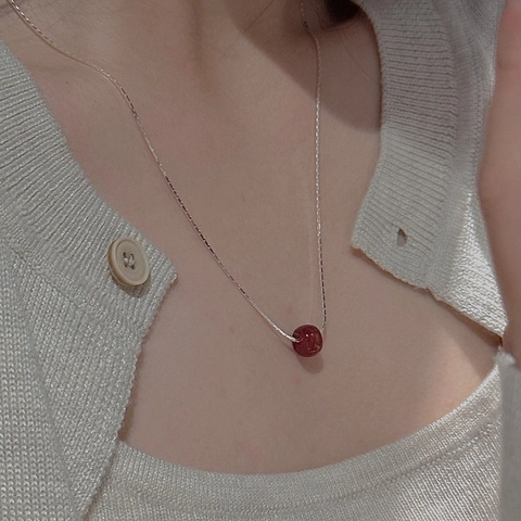 925 Sterling Silver Red Bead Necklace Minimalist Bamboo Joint Chain Pendant Necklace For Women Elegant Korean Style Jewelry