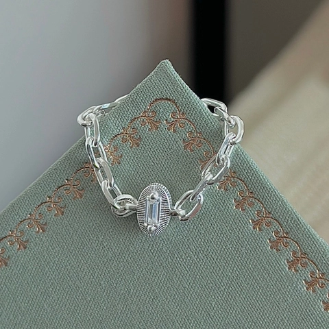 925 Sterling Silver Chain Ring For Women Vintage Minimalist Rhinestone Rectangular Gemstone Soft Chain Ring Fashion Jewelry