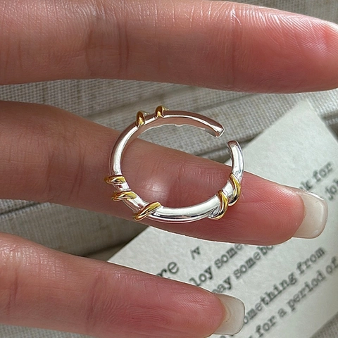 Vintage 925 Sterlingsilber Zweifarbig Reben-Seil-Drehung Verstellbare Offene Ring Geometrisch Minimalistisch Koreanischer Stil Damen Ring