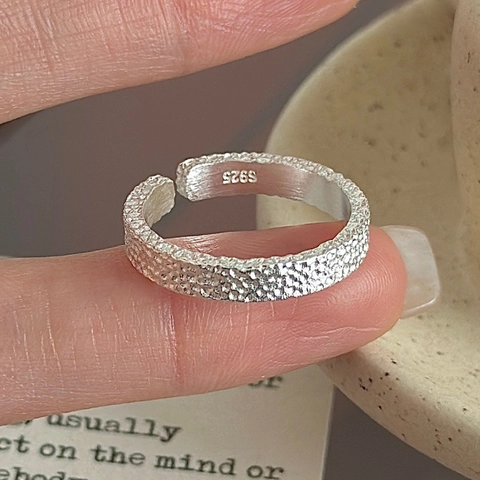 S925 Sterling Silver Hammered Open Ring Retro Textured Adjustable Finger Ring Minimalist Jewelry Gift For Women