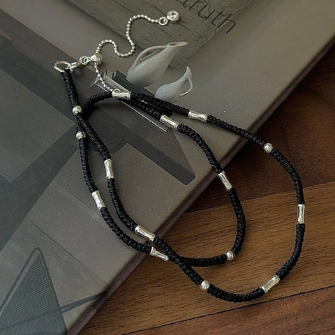 Retro 925 Sterling Silver Woven Necklace For Women Minimalist Black Rope Clavicle Chain With Rhinestone Accessory
