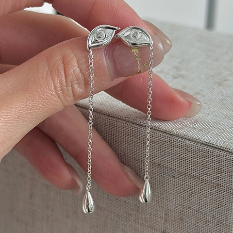Boucles d'Oreilles Pendantes Vintage Argent Sterling 925 Mauvais Œil avec Gland Femme Élégant Strass Goutte d'Eau Chaîne
