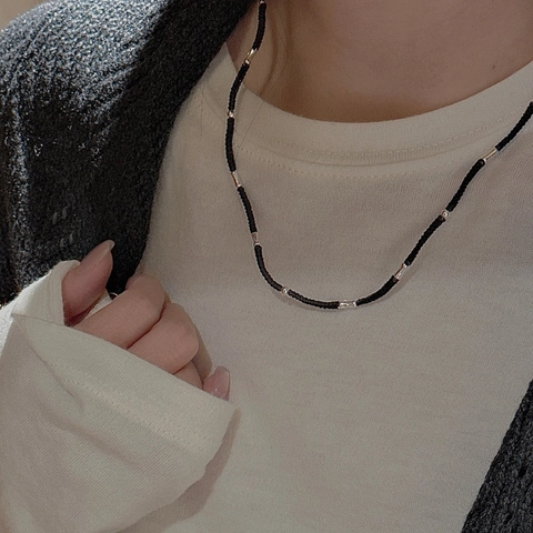 Retro 925 Sterling Silver Woven Necklace For Women Minimalist Black Rope Clavicle Chain With Rhinestone Accessory