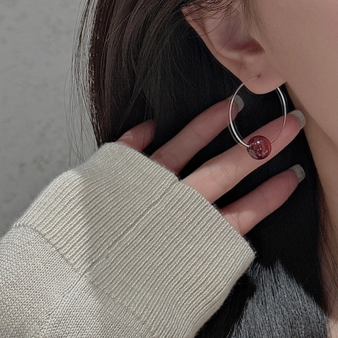925 Sterling Zilveren Creolen Voor Vrouwen Minimalistisch Vintage Dieprode Ronde Kraal Hanger Oorbellen Mode Sieraden