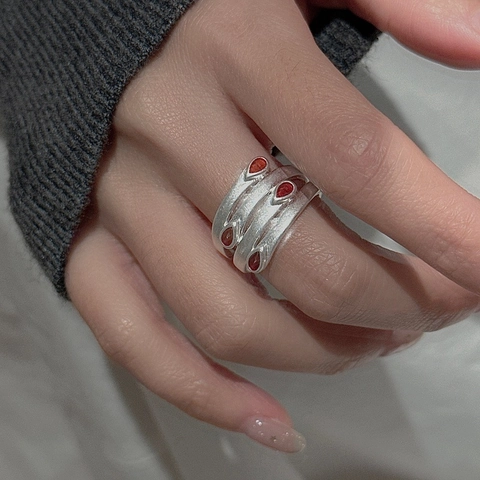 S925 Sterling Silver Retro Water Drop Agate Ring For Women Korean Ins Style Spiral Wrap Adjustable Open Finger Ring Jewelry