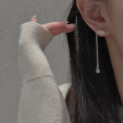 Boucles d'Oreilles Pendantes Vintage Argent Sterling 925 Mauvais Œil avec Gland Femme Élégant Strass Goutte d'Eau Chaîne