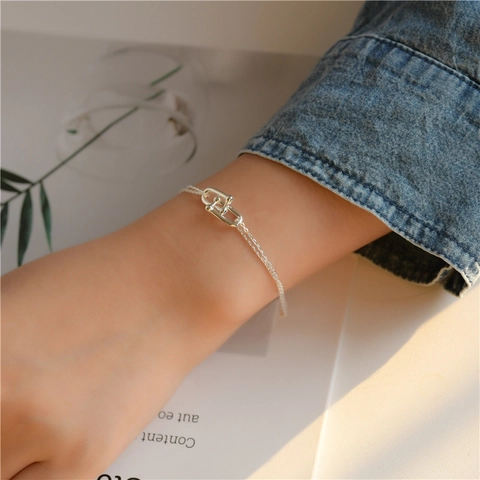 Braccialetto a Doppia Maglia a U in Argento Sterling 925 per Donna Minimalista Geometrico Catena a Doppio Strato Gioiello
