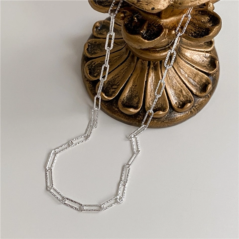 Collier Chaîne Trombone en Argent Sterling 925 pour Hommes Femmes Maillons Rectangulaires Texturés Gravure Italienne Chaîne Nue