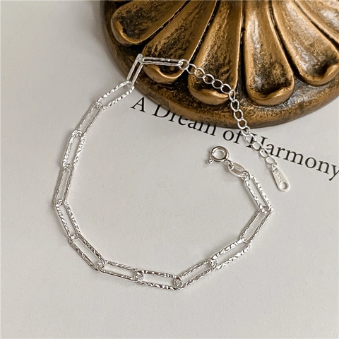 S925 Sterling Silver Italian Paperclip Link Chain Bracelet For Women Hammered Texture Minimalist Cold Style Adjustable Jewelry Gift