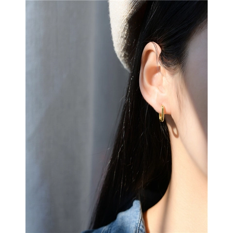 925 Sterling Silver Minimalist U-Shaped Hoop Earrings For Women Men Unisex Geometric Rectangular Polished Gold Silver Earrings