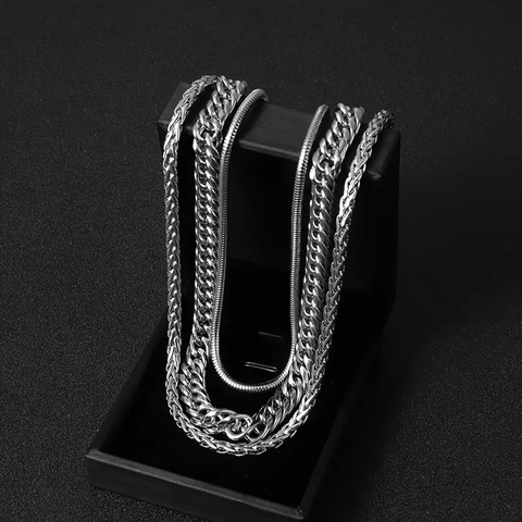 Punk Stainless Steel Curb Snake Wheat Chain Necklace Set For Men Women Silver Color Hip Hop Stackable Simple Jewelry Gift