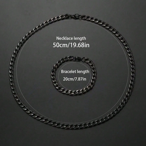 Stainless Steel Cuban Link Necklace Bracelet Set For Men Hip Hop Black Plated Curb Chain NK Chain Heavy Jewelry Set