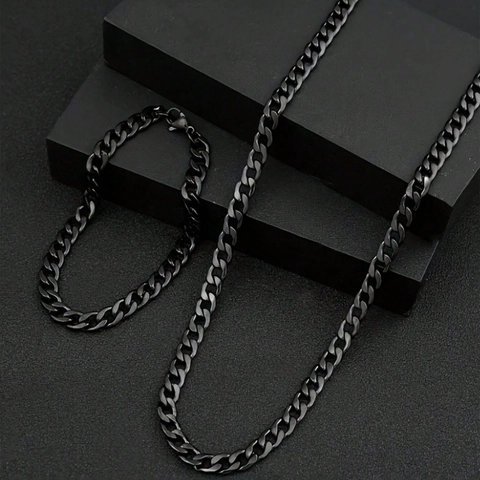 Stainless Steel Cuban Link Necklace Bracelet Set For Men Hip Hop Black Plated Curb Chain NK Chain Heavy Jewelry Set