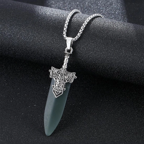 Vintage Sword Pendant Necklace For Men Women Stainless Steel Street Ethnic Style Celtic Pattern Nephrite Jade Sword Jewelry Gift