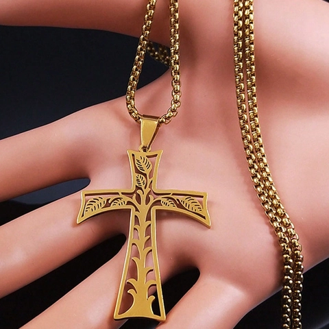 Collar Con Colgante de Cruz Hueca de Acero Inoxidable Patrón Árbol de la Vida Joyería Religiosa Vintage Galvanizada para Hombres y Mujeres