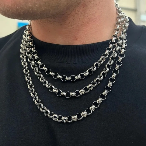 Collar de Acero Inoxidable Hip Hop para Hombre Cadena Rolo Gruesa Acento de Perla Artificial Color Plata Joyería Streetwear
