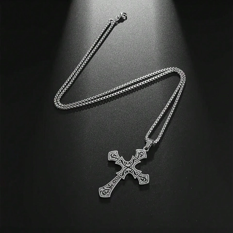 Vintage Gothic Edelstahl Kreuz Anhänger Halskette Für Herren Damen Retro Geschnitztes Muster Punk Hip Hop Modeschmuck Geschenk
