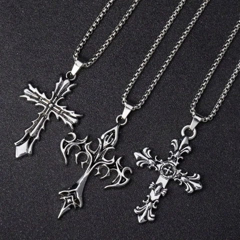 Vintage Titanium Steel Cross Pendant Necklace For Men Women Gothic Punk Hip Hop Distressed Cross Flower Jewelry Gift