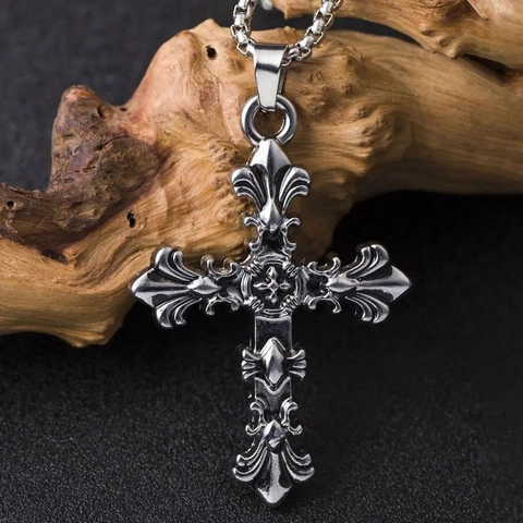 Vintage Titanium Steel Cross Pendant Necklace For Men Women Gothic Punk Hip Hop Distressed Cross Flower Jewelry Gift