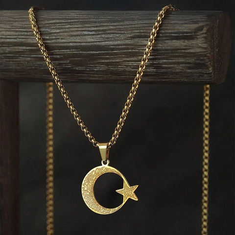 Stainless Steel Star Moon Pendant Necklace For Women Vintage Islamic Style Engraved Crescent Star Charm Necklace Ethnic Jewelry Gift