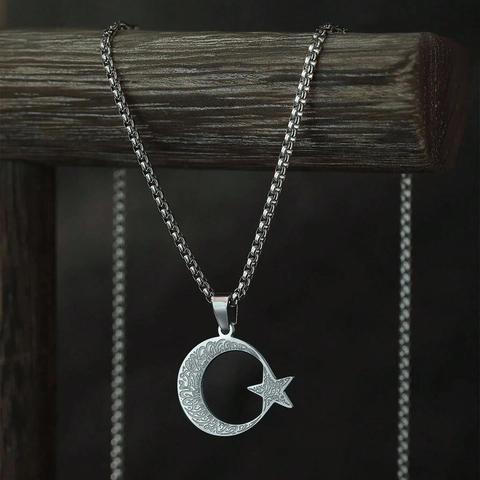 Stainless Steel Star Moon Pendant Necklace For Women Vintage Islamic Style Engraved Crescent Star Charm Necklace Ethnic Jewelry Gift
