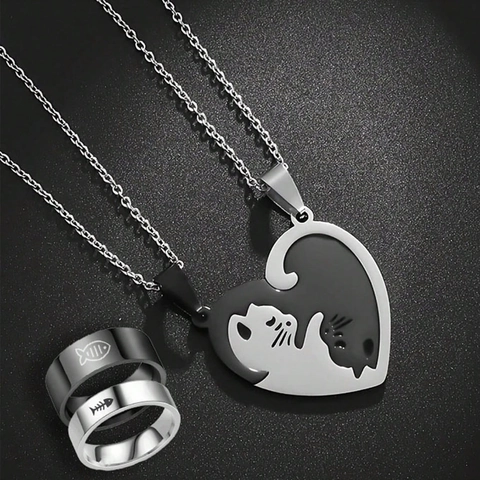 Stainless Steel Cat Heart Stitching Necklace Set For Couples Best Friends Simple Minimalist Animal Pendant Fashion Jewelry Gifts
