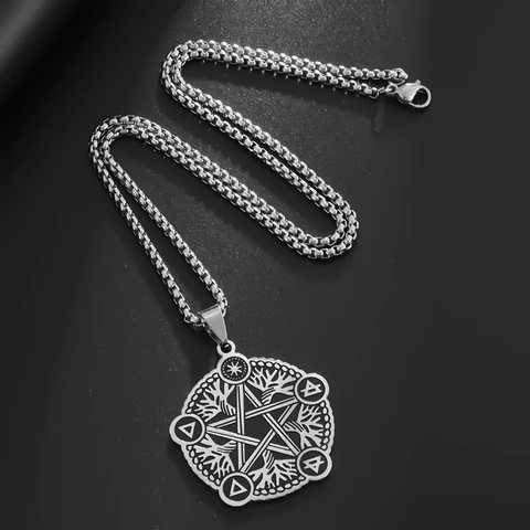 Stainless Steel Pentagram Tree Of Life Pendant Necklace Vintage Gothic Alchemy Symbol Hollow Mysterious Jewelry Unisex