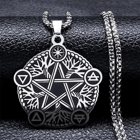 Stainless Steel Pentagram Tree Of Life Pendant Necklace Vintage Gothic Alchemy Symbol Hollow Mysterious Jewelry Unisex