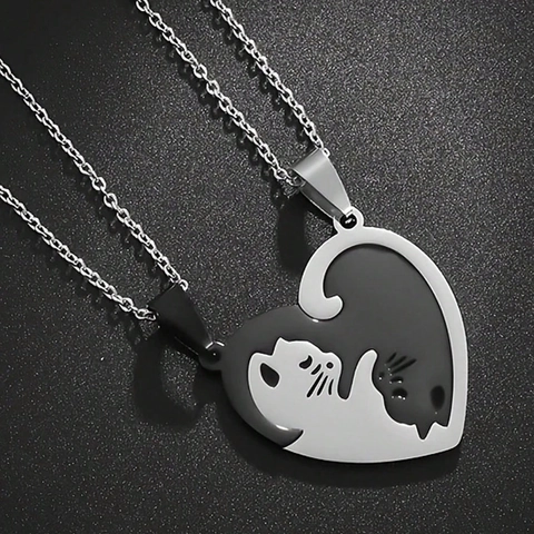 Stainless Steel Cat Heart Stitching Necklace Set For Couples Best Friends Simple Minimalist Animal Pendant Fashion Jewelry Gifts